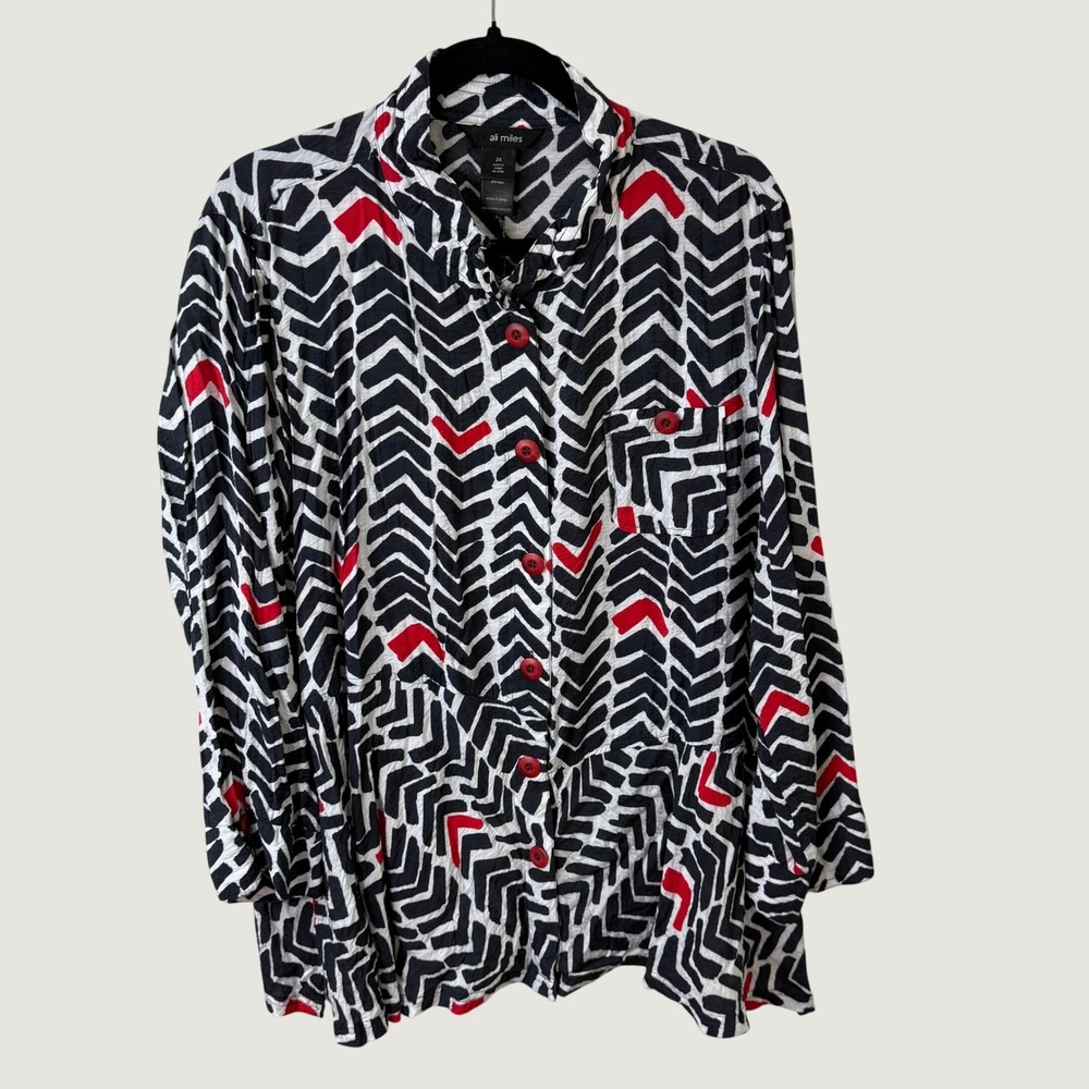 Ali Miles Button Up Tunic Top 2X Black Red White Chevron Blouse Art To Wear Boho